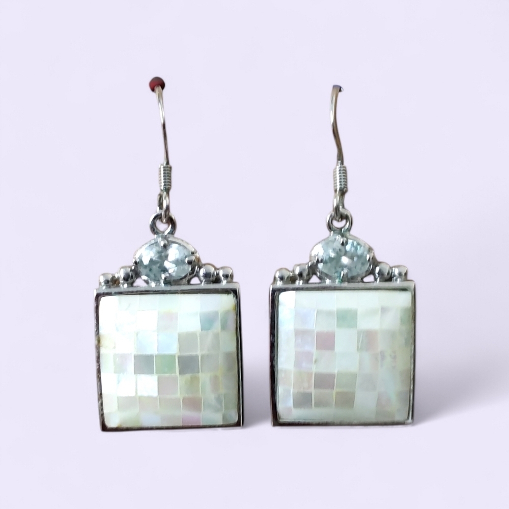 Elegant Silver and White Mother Of Pearl Mosaic Earrings